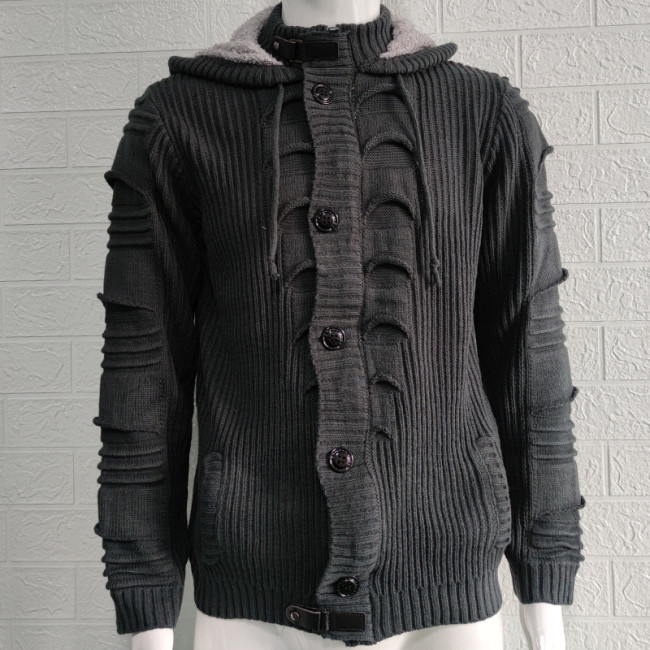 Hooded Plain Standard Button Winter Men's Sweater