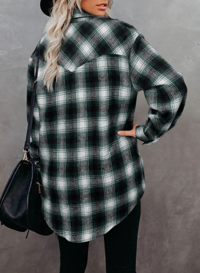 Women's Plaid Shirt Lapel Loose Long Sleeve Checker Blouse Top