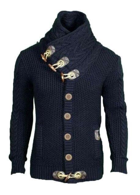 Men's Elegant Cardigan Sweater High-Neck Single-Breasted Knited Pullover Sweater