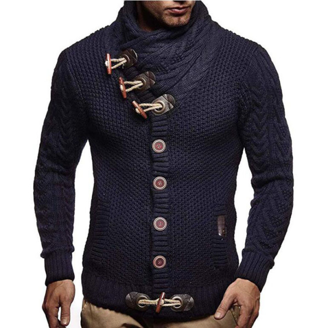 Men's Elegant Cardigan Sweater High-Neck Single-Breasted Knited Pullover Sweater