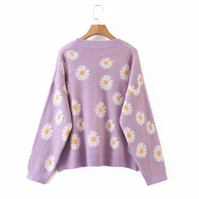 Women's Knitted Cardigan Small Chrysanthemum Single Breasted Loose Sweater Cardigan