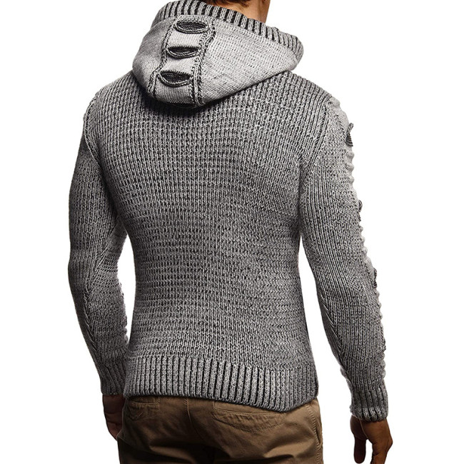 Hooded Plain Standard Button Winter Men's Sweater