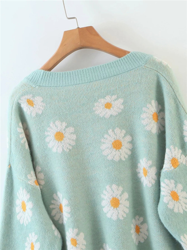Women's Knitted Cardigan Small Chrysanthemum Single Breasted Loose Sweater Cardigan