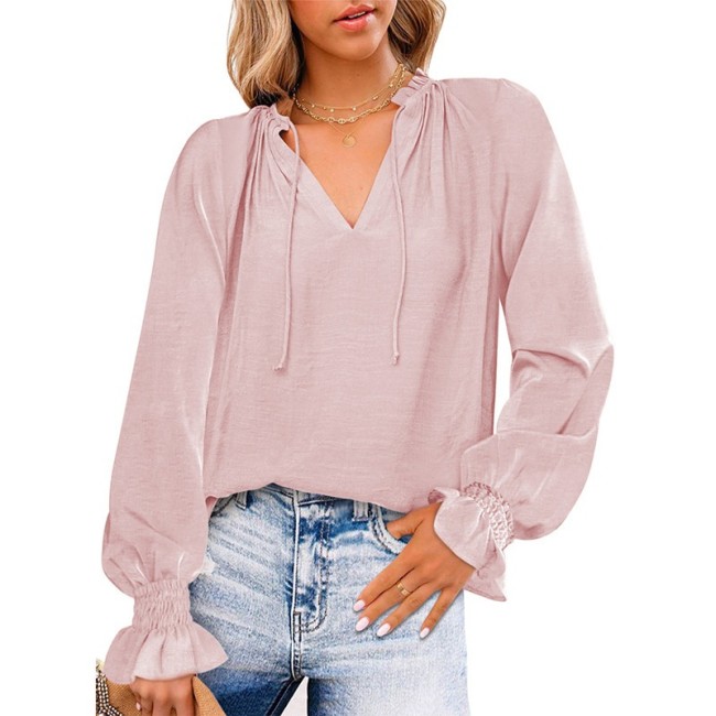 Women's Blouse Ruffle Long Sleeve Shirts Casual V Neck Drawstring Solid Blouse Tops