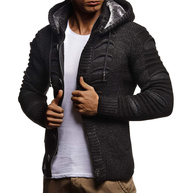 Hooded Plain Standard Button Winter Men's Sweater