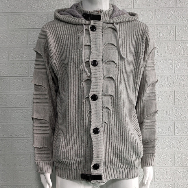 Hooded Plain Standard Button Winter Men's Sweater