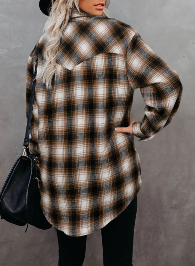 Women's Plaid Shirt Lapel Loose Long Sleeve Checker Blouse Top