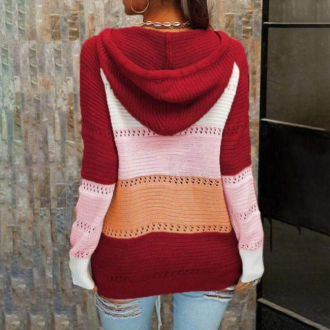 Women's Cardigan Long Sleeve Color Patchwork Tie Sweater Cardigan