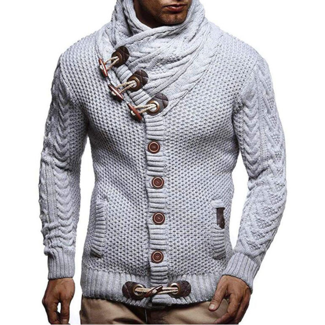 Men's Elegant Cardigan Sweater High-Neck Single-Breasted Knited Pullover Sweater