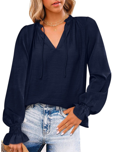 Women's Blouse Ruffle Long Sleeve Shirts Casual V Neck Drawstring Solid Blouse Tops