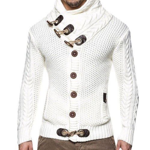 Men's Elegant Cardigan Sweater High-Neck Single-Breasted Knited Pullover Sweater