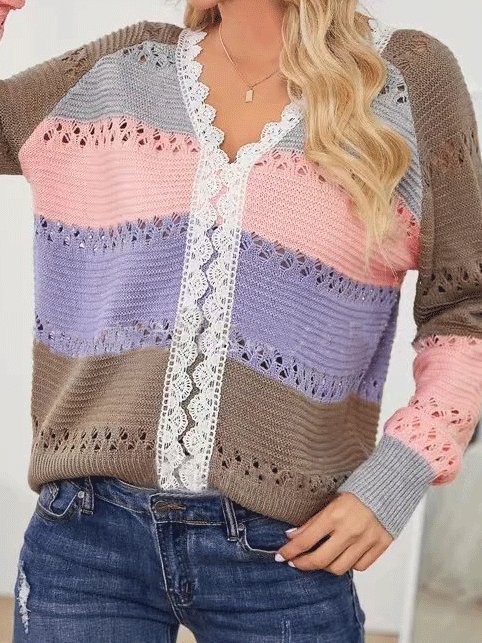 Women's Sweaters V-Neck Hollow Long Sleeve Striped Lace Sweater