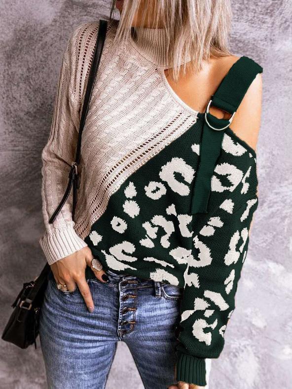 Women's Sweaters Leopard Print Color Block Turtleneck Off-Shoulder Sweater