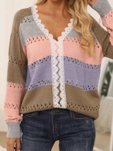 Women's Sweaters V-Neck Hollow Long Sleeve Striped Lace Sweater
