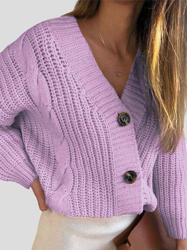 Women's Sweaters V-Neck Button Twist Long Sleeve Cardigan Sweater