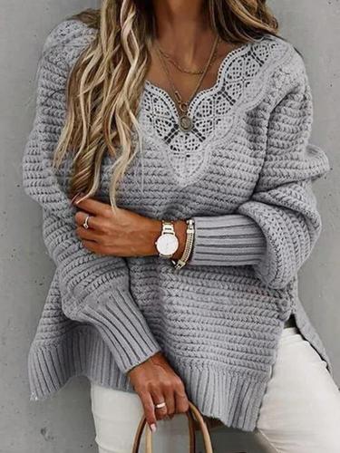 Women's Sweaters Lace Stitching V-Neck Long Sleeve Sweater