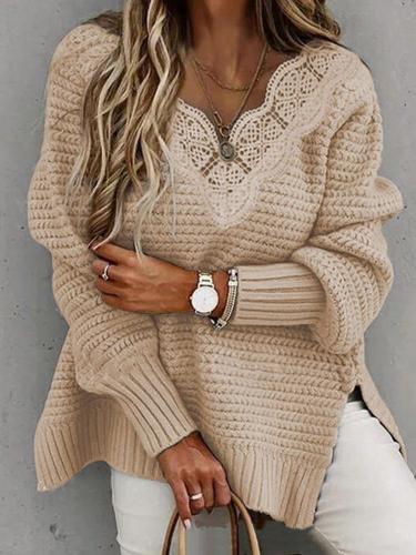 Women's Sweaters Lace Stitching V-Neck Long Sleeve Sweater