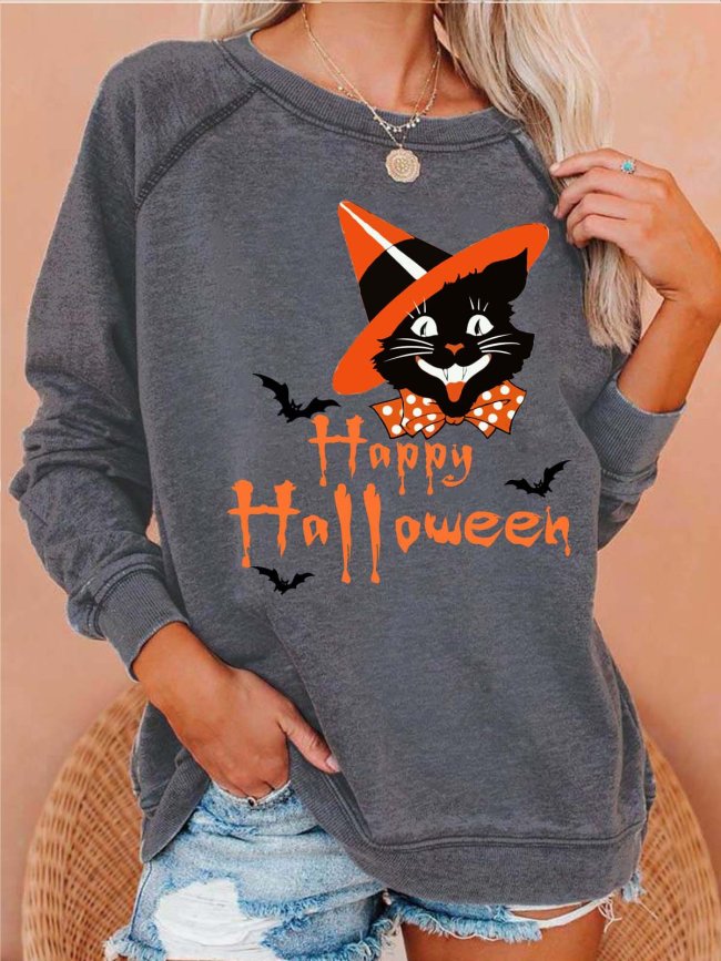 Women Halloween Black Cat Loose Crew Neck Casual Sweatshirts