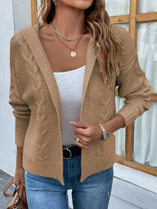 Women's Sweater Cardigan Cable-Knit Dropped Shoulder Hooded Cardigan
