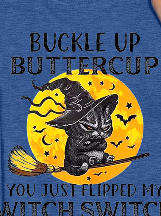 Women Buckle Up Buttercup Black Cat Brooms Witch Casual Loose Crew Neck Sweatshirts