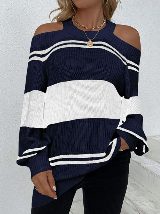 Women's Sweater Striped Cutout Cold-Shoulder Tunic Sweater