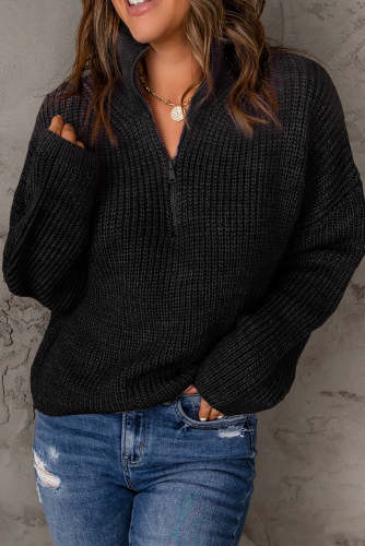 Women's Sweater Half Zip Rib-Knit Dropped Shoulder Sweater