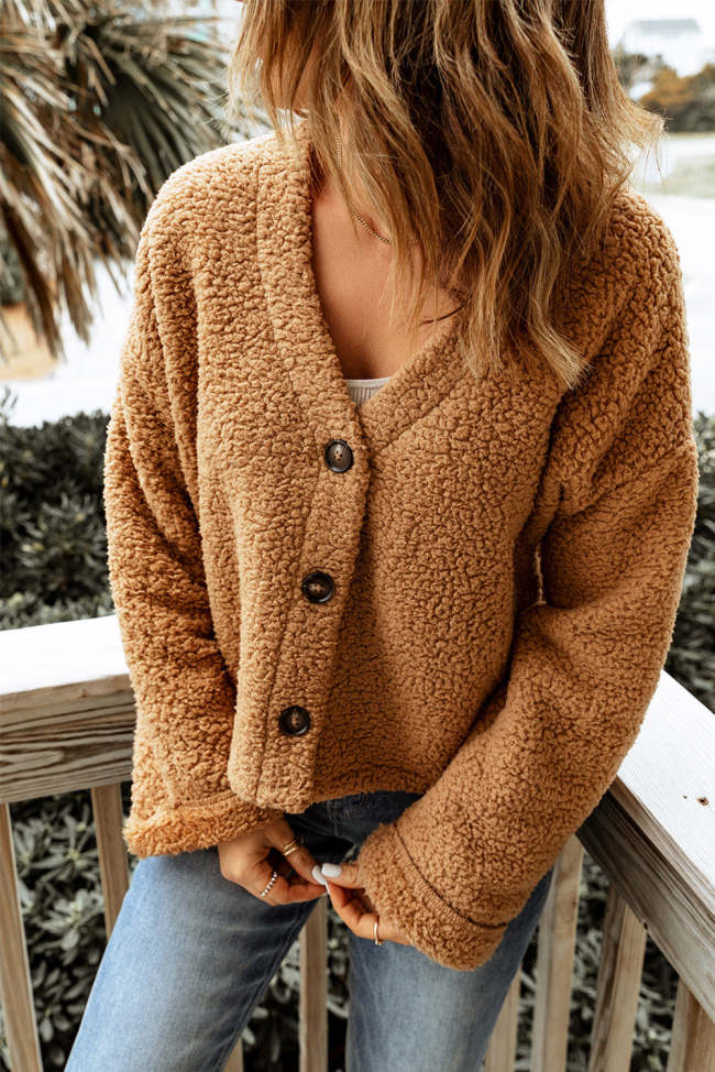 Women's Sweater Cardigan V-Neck Button Front Teddy Cardigan
