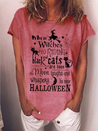 Women Halloween Brooms Witch Moon Black Cats Casual T-Shirt