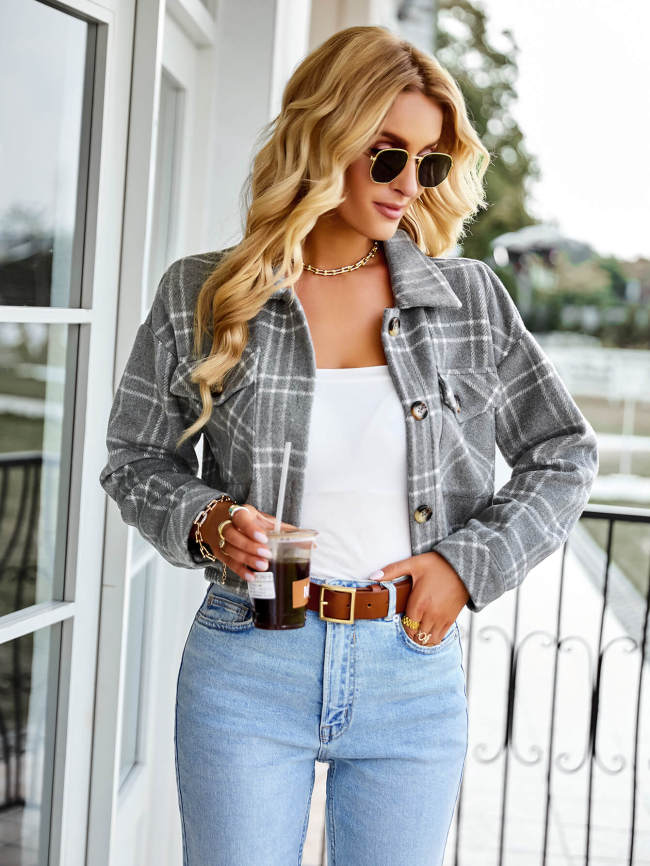 Plaid Button Front Cropped Jacket with Breast Pockets