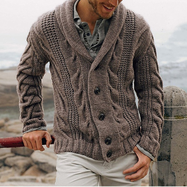Men's Shawl Collar Cardigan Sweater Winter Cable Knit Sweater Outwear