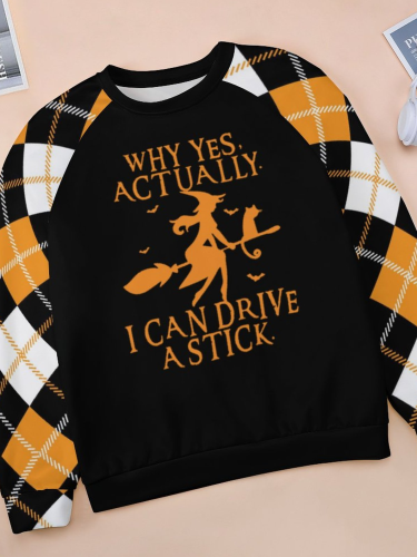 Women Funny Graphic Yes I Can Drive A Stick Halloween Plaid Casual Raglan Sleeve Cotton Sweatshirts