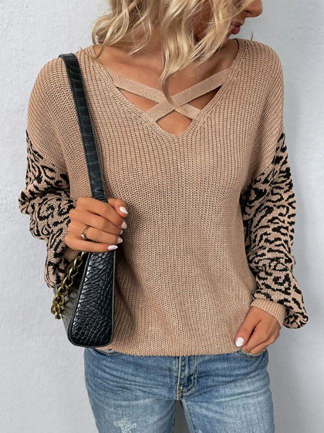 Women's Sweater Leopard Lantern Sleeve Crisscross Sweater