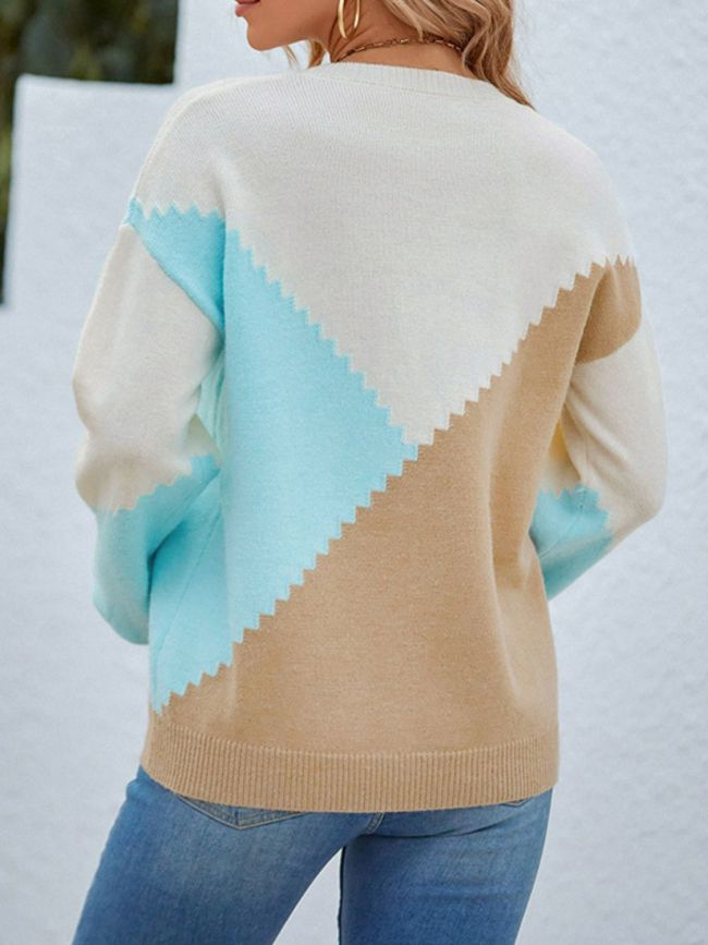 Women's Sweater Color Block Round Neck Lantern Sleeve Sweater