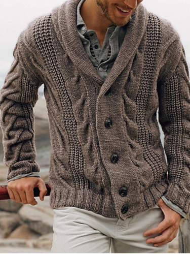 Men's Shawl Collar Cardigan Sweater Winter Cable Knit Sweater Outwear