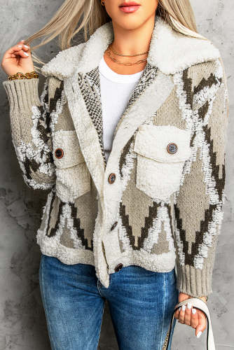 Women's Sweater Cardigan Multicolored Spliced Sherpa Collared Neck Cardigan