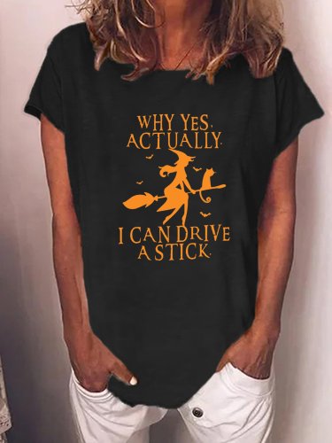 Women Funny Graphic Yes I Can Drive A Stick Halloween Cotton-Blend T-Shirt