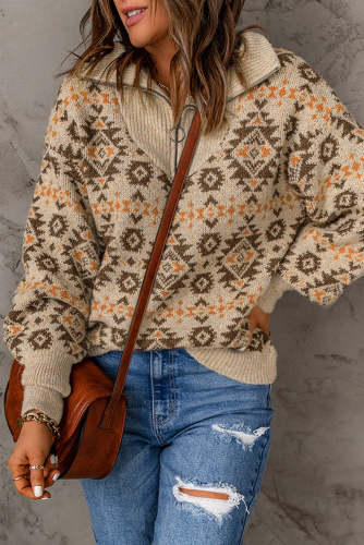 Women's Sweater Geometric Print Quarter-Zipper Sweater