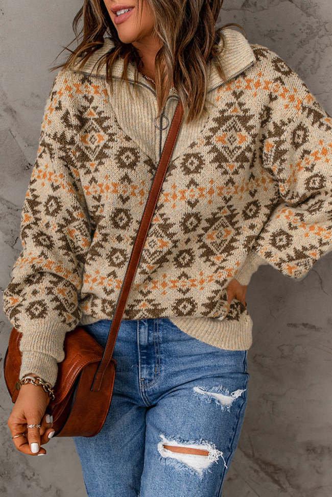 US$ 60.49 - Women's Sweater Geometric Print Quarter-Zipper Sweater ...