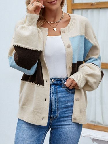 Women's Sweater Cardigan Color Block Lantern Sleeve Button Down Cardigan