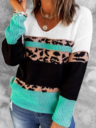 Women's Sweater Leopard Color Block V-Neck Rib-Knit Sweater