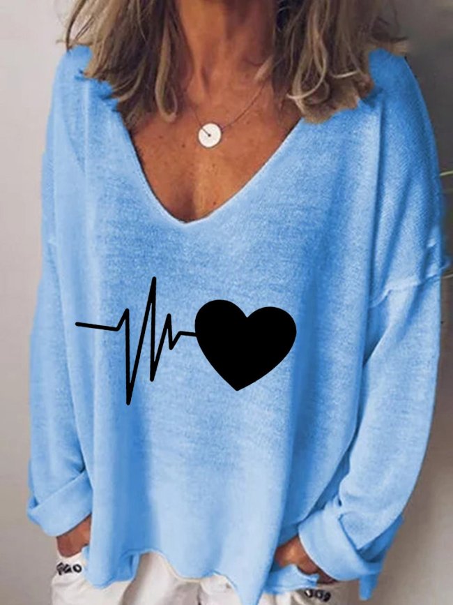 Women's T-Shirts Heartbeat Print V-Neck Long Sleeve T-Shirt