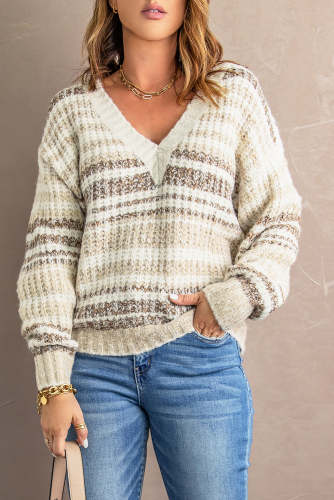 Women's Sweater Multicolored Stripe V-Neck Sweater