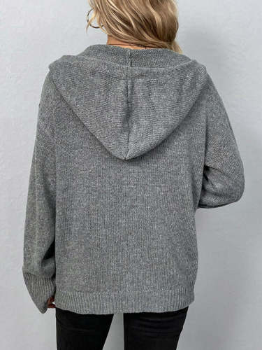 Women's Sweater Cardigan Drawstring Detail Button Front Hooded Cardigan