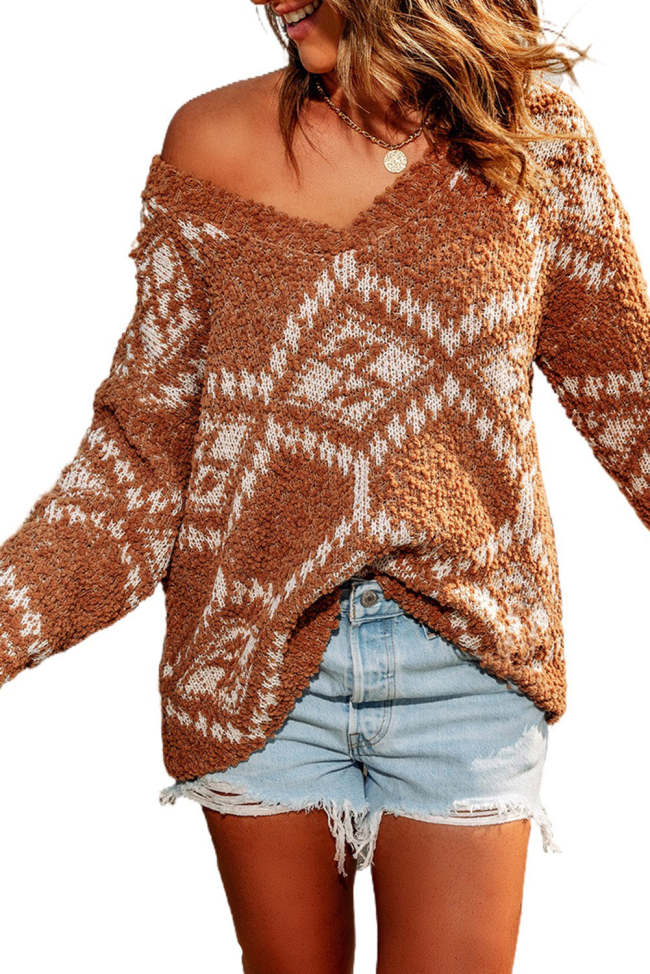 Women's Sweater Patterned V-Neck Dropped Shoulder Sweater