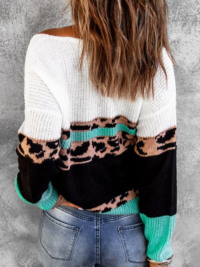 Women's Sweater Leopard Color Block V-Neck Rib-Knit Sweater