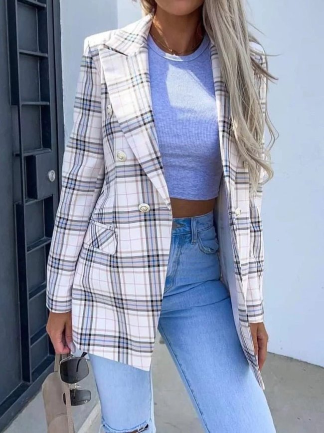 Women's Jacket Check Plaid Double Breasted Slim Fit Blazers