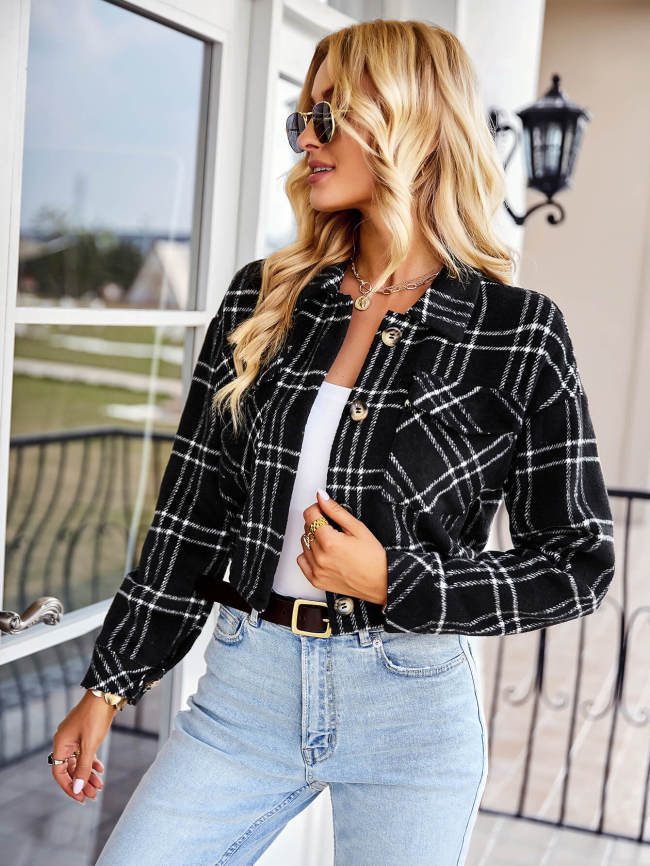 Plaid Button Front Cropped Jacket with Breast Pockets
