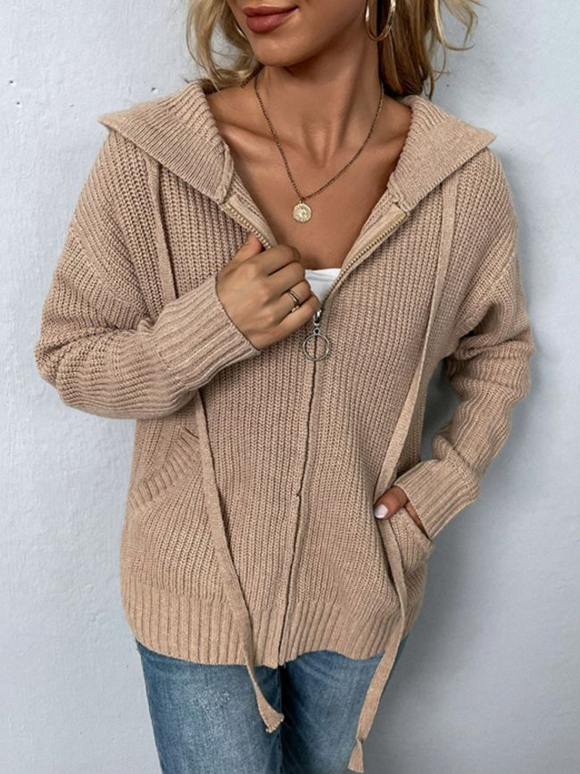 Women's Sweater Cardigan Zip-Up Drawstring Detail Hooded Cardigan