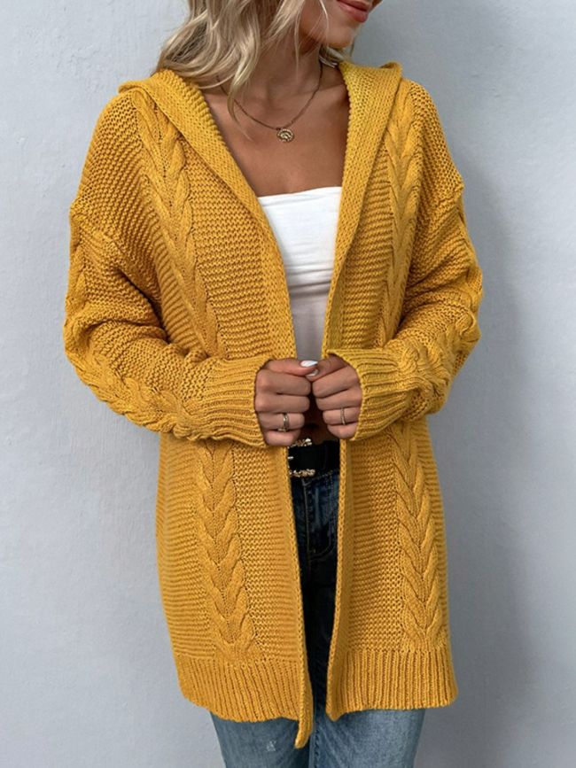 Women's Sweater Cardigan Cable-Knit Longline Hooded Cardigan
