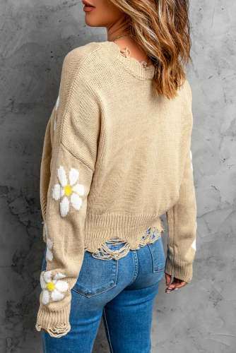 Women's Sweater Floral Ribbed Trim Distressed Sweater